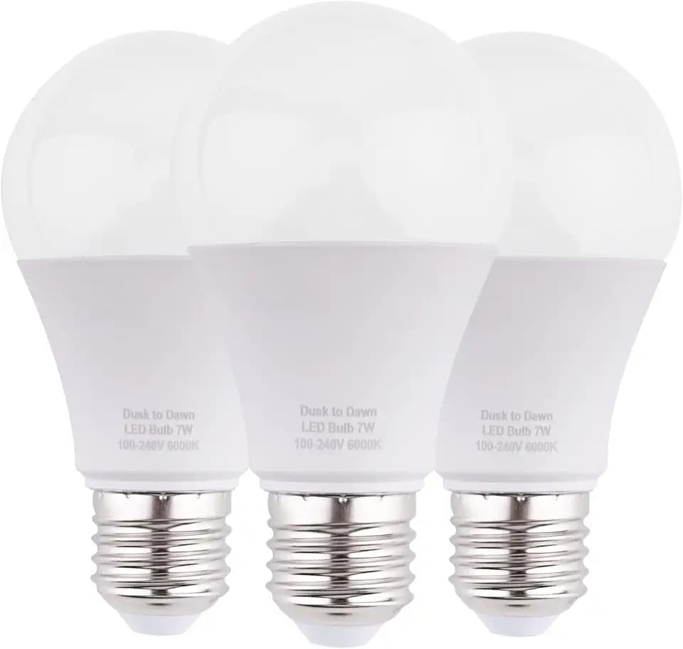 Dusk to Dawn Light Bulbs 60 Watt Equivalent, 630 Lumen Energy Efficient Daylight White 7W A19 LED Light Bulb Auto on/Off Photocell Sensor for Outdoor Lighting, 3-Pack