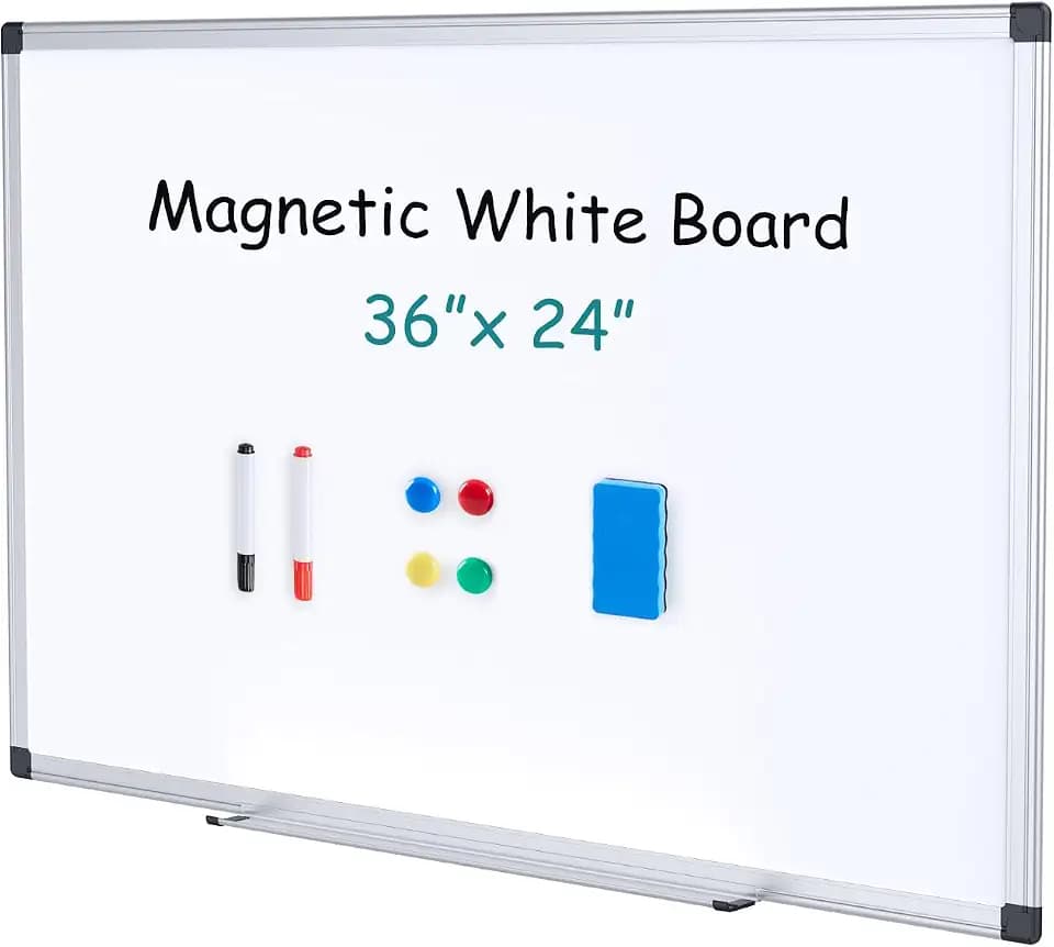 OLIXIS Magnetic White Board, Dry Erase Board for Wall 36" x 24", Whiteboard with 1 Dry Eraser & 2 Multicolor Markers & 4 Magnetic Pins, Aluminium Frame for Home, School, Office, White