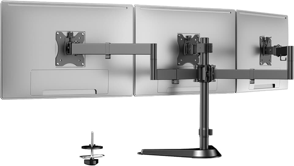 Putorsen Monitorhalterung für 3 Monitore bis 27 Zoll - Schwere, voll verstellbare Tischhalterung mit Standfuß & Kabelmanagement, 10 kg pro Arm, Schwarz