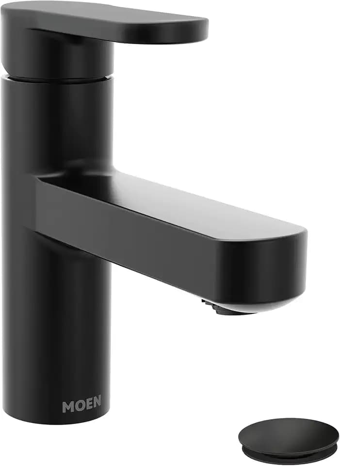 Moen Laris Matte Black One-Handle Single Hole Modern Bathroom Sink Faucet with Optional Deckplate and Spring Loaded Drain Assembly, 84014BL