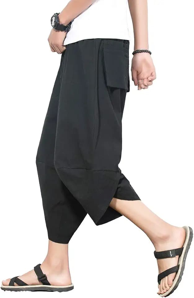 Men's Harem Capri Pants Wide Leg Capris Summer Cotton Linen Japanese Pants
