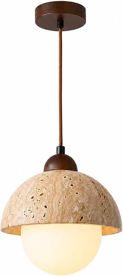 Natural Travertine Pendant Light with Frosted Glass Globe, Modern Wabi Sabi Hanging Light Fixture for Kitchen Island, Dining Room, Bedroom, Adjustable Cord
