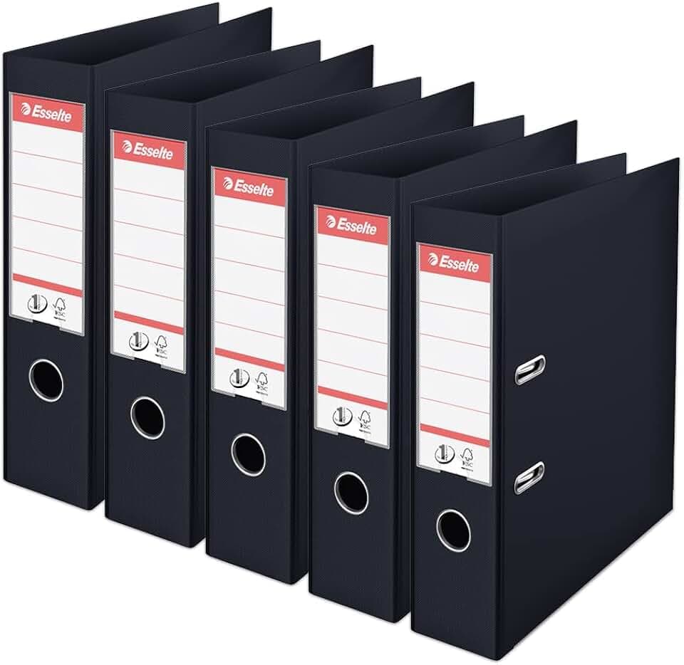 Esselte 162510 5 Stück Aktenordner A4 75 mm schwarz | 5 Stück Aktenordner A4, Rücken 75 mm, Kapazität 500 Blatt, Deckel aus Polypropylen, Farbe: Schwarz.