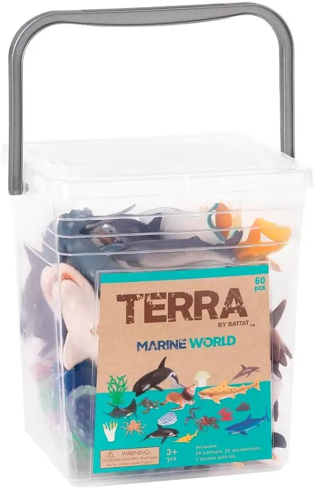 Terra by Battat - Meereswelt - Meerestierfiguren & Zubehör - 60-Teile Spielzeug-Tier-Eimer für Kinder - Meerestier Spielzeug - Haie, Schildkröten, Robben und mehr - 3 Jahre +