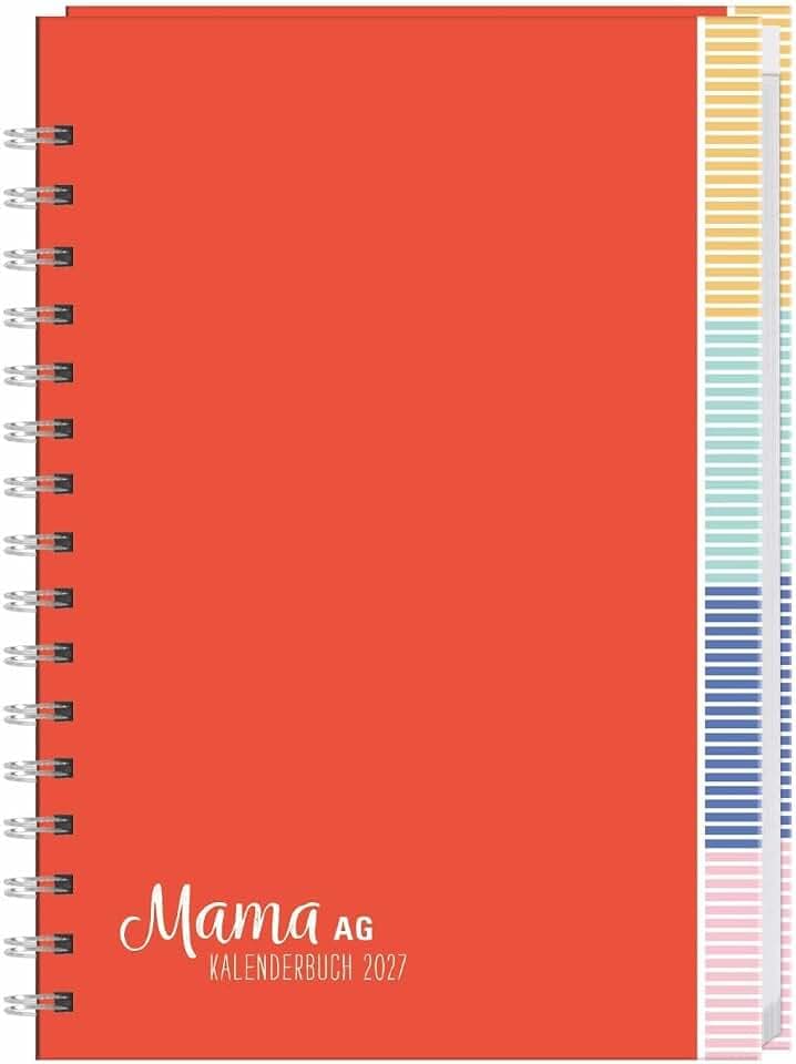 Mama AG Familienplaner Buch A5 2027: Roter Terminkalender mit 5 Spalten, Registerblätter und Schulferien. Buchkalender für die Familie. Familienkalender 2027.