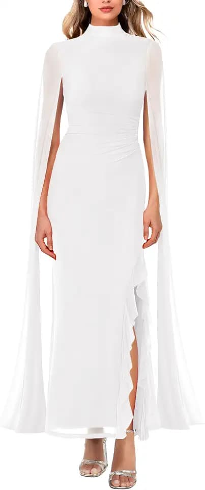 Aisbei Women's Elegant Mock Neck Slit Ruffle Bodycon Maxi Dress Evening Gowns Party Formal Wedding Guest Dresses with Cape