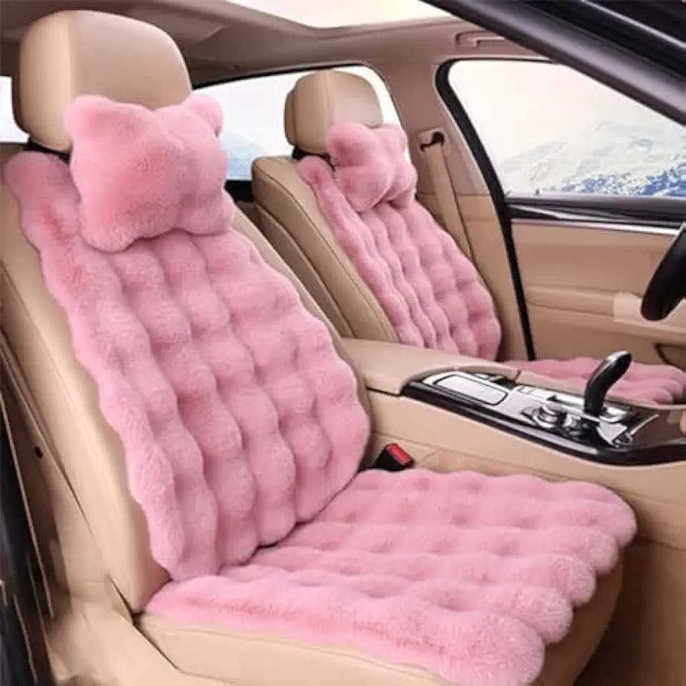 Luxury Thickened Plush Car Seat Cushion Set,Soft Fluffy Protector Warm Faux Rabbit Fur Non-Slip Front and Back Seat Covers (Pink,6pcs)