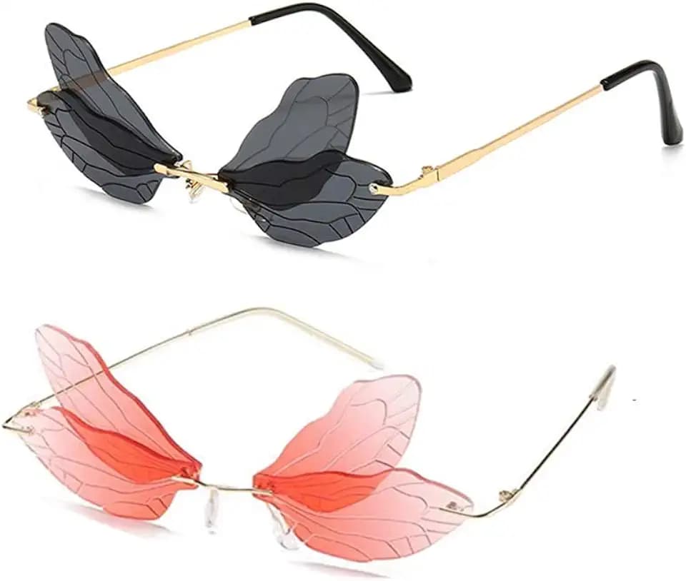 2PC Dragonfly shaped Rimless Sunglasses for Women Vintage Metal Frameless Butterfly Glasses for party Streetwear eyewear
