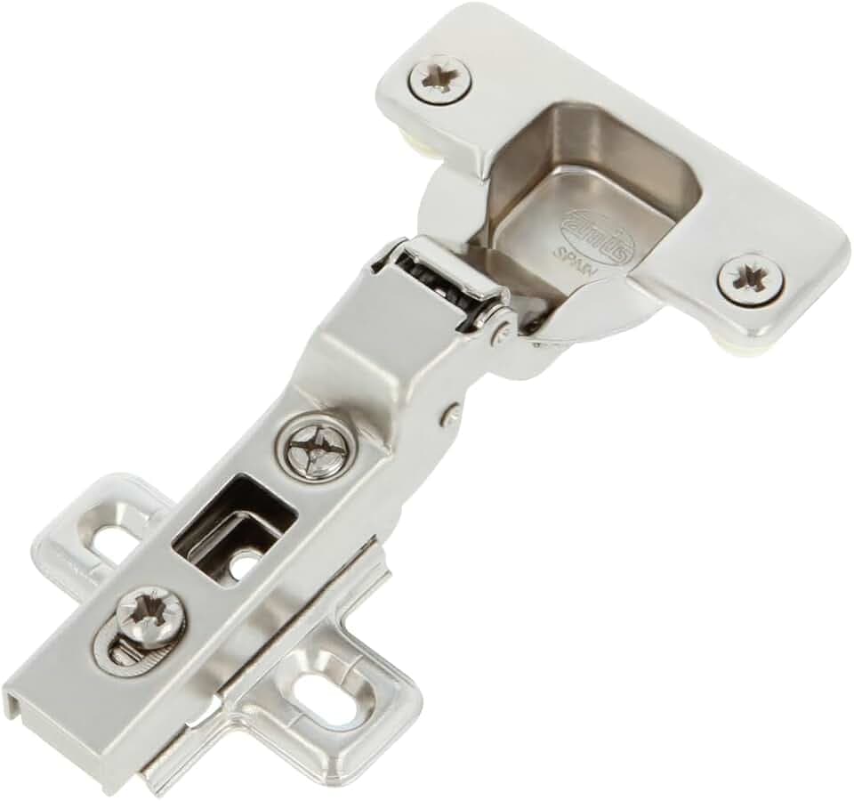 AMIG - Packung mit 20 Scharnieren | Abgewinkelte Schüssel | Ø35mm | Mit Schnellverschluss | Vormontierte Dübel und Schrauben | 110° Öffnung | Abstand zwischen den Löchern 48 mm | Silberner Stahl