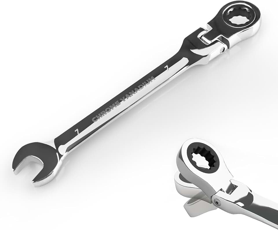 Egofine 7mm Ratchet Wrench Flex Head, Ratcheting Combination Wrench Metric, Industrial Grade Gear Spanner with 12 Point Box End, 72-Teeth Ratchet, Chrome Vanadium Steel