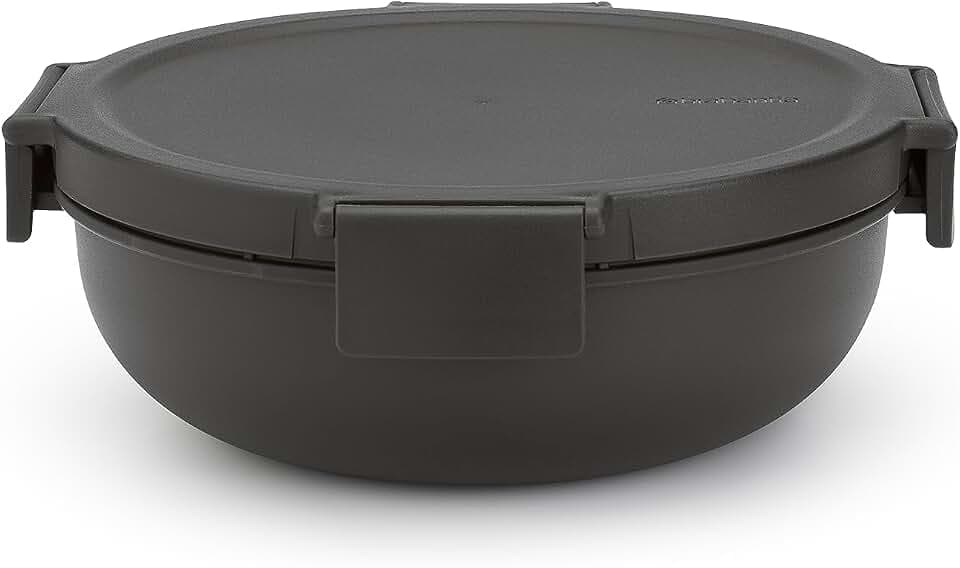 Brabantia - Make & Take Salatschüssel 1.3L - Herausnehmbarer Topping-Einsatz - Sicherer Klickverschluss - Auslaufsicher - Luftdicht - Gefriergeeignet - Spülmaschinen- & Mikrowellenfest - Dark Grey