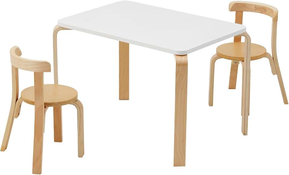 Swegrow Kindertisch mit 2 Stühle, Holztisch mit Stühle für Kinder mit Kleinkinder, Kinder-Holzmöbel für Spielzimmer/Zuhause/Kindergarten