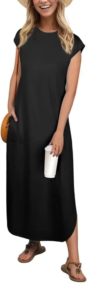 PrinStory Damen Maxikleid Ärmelloses Sommerkleid Mit Taschen Rundhals Strandkleid