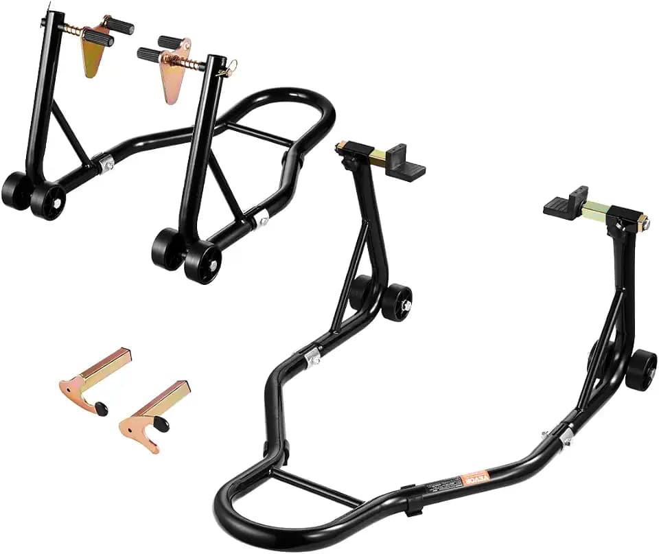 VEVOR Motorcycle Stand Lift, 1100lbs Capacity Front Rear Combo Stand Lift, Front Wheel Dual-Fork Stands, Rear U+L Fork Swingarm Spool Stands, for Most Yamaha Honda Kawasaki Suzuki Motorcycles, Black