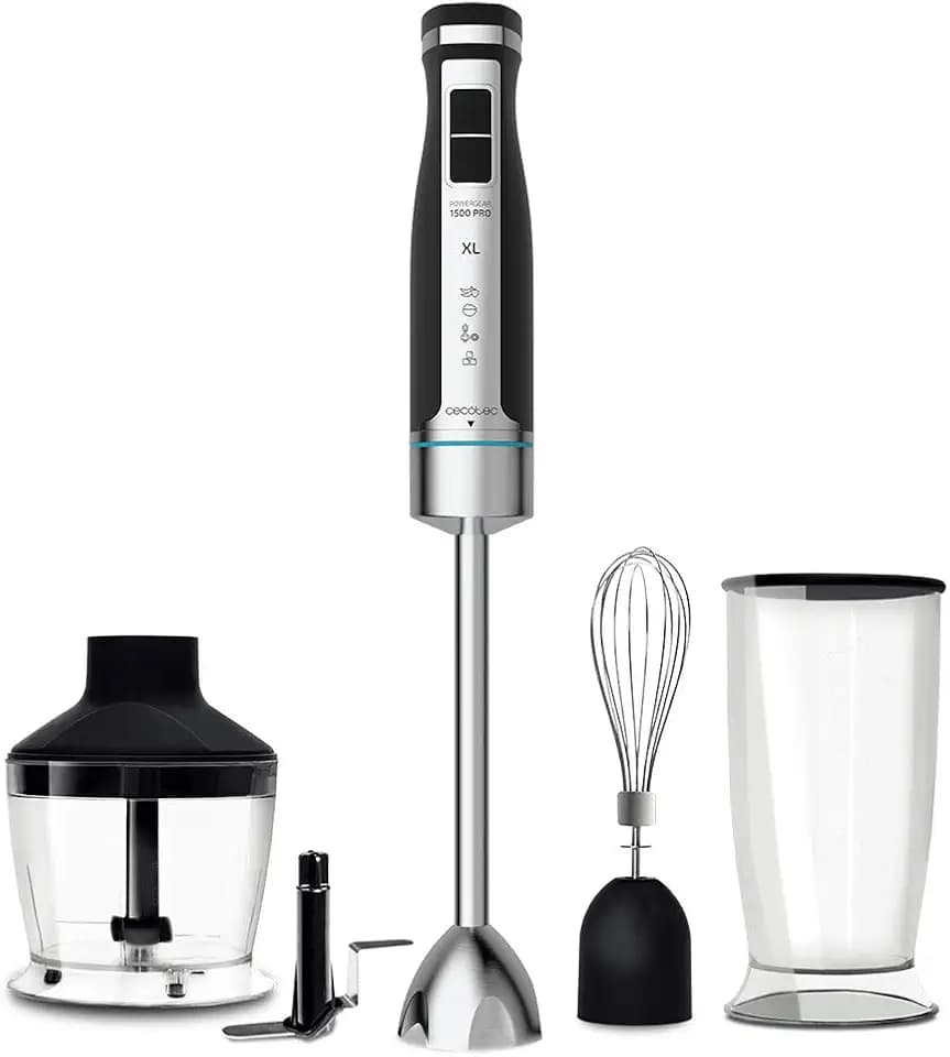 Cecotec Hand- Mixer PowerGear 1500 - Klingen aus Titanium Beschichtung, 21 Geschwindigkeitsstufen, 1500 W, Inklusiv Glas mit Deckel. (Schwarz und Edelstahl, XL Pro)