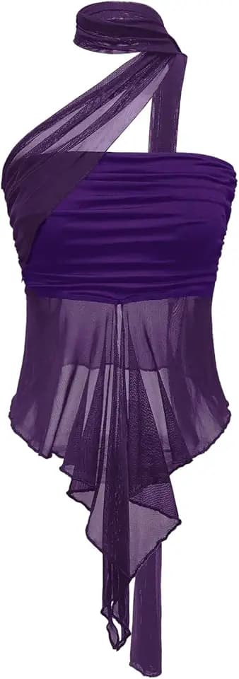 OYOANGLE Women's Sheer Ruffle Trim Halter Ruched Concert Y2K Crop Tops