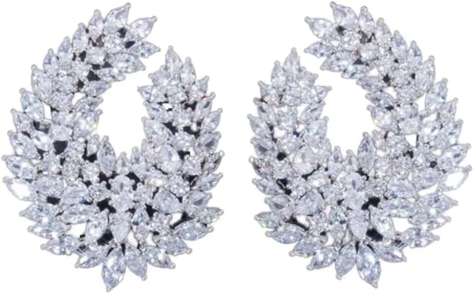 Elegant Sparkling Silver Color Large Stud Statement Earrings, With Cubic Zirconia Stone, Perfect for Weddings, Engagements, and Formal Events, Formal Occasion For Women.
