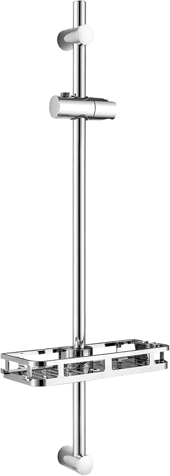 Auralum Duschstange Edelstahl mit Duschablage für vorhandene Bohrlöcher, 90cm Brausestange mit variablen Wandhalterungen und um 360° drehbarer, höhenverstellbarer Duschkopfhalter, Chrom