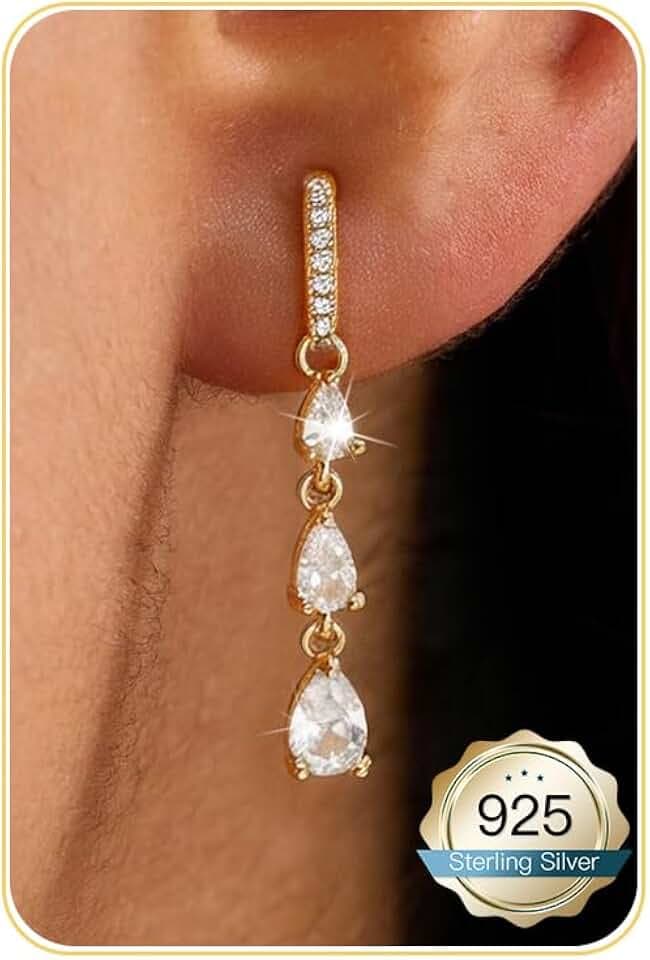 14K Gold Plated/Sterling Silver CZ Pearl Drop Dangle Earrings for Women