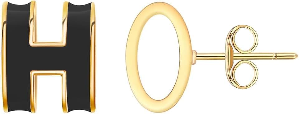 H Necklace, H earrings, Gold Stud Earrings for Women – Hypoallergenic Stainless Steel with H Enamel Color, Elegant & Trendy Jewelry for Sensitive Ears, Classic Round Enamel Earrings for Daily Wear
