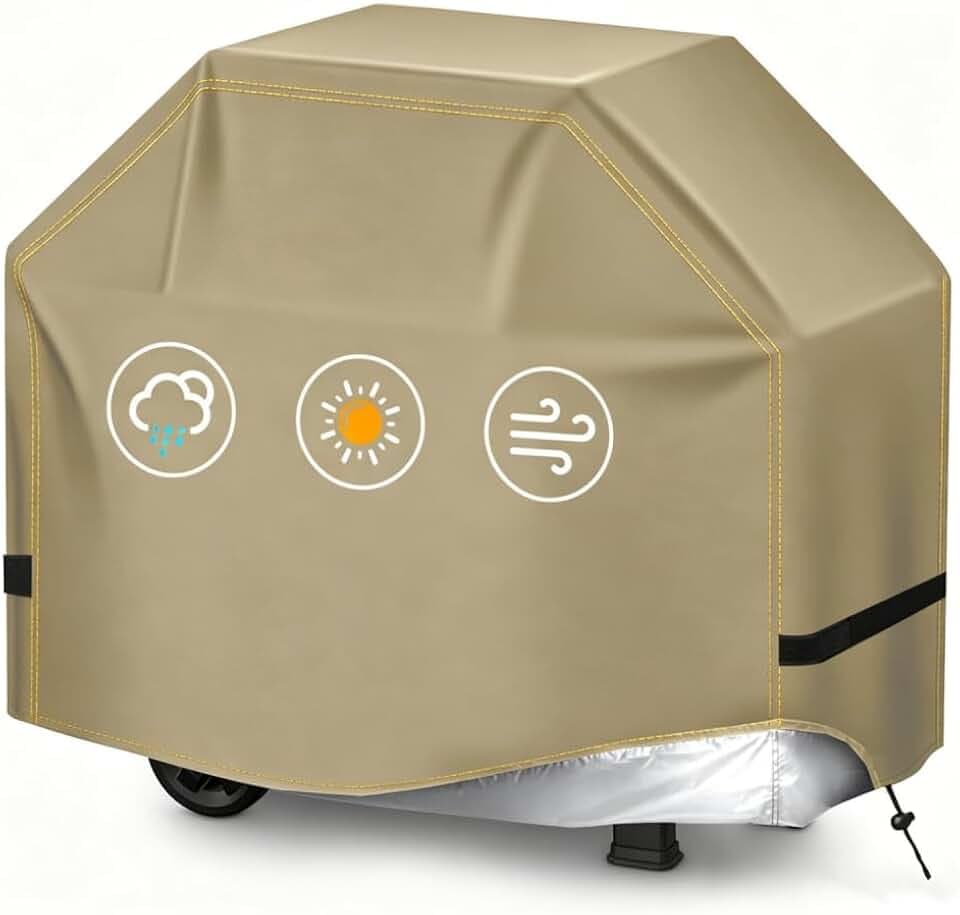 BBQ Gas Grill Cover for Outdoor, Anti-UV, Rip-Proof, 600D Oxford Fade Resistant Material, Barbecue Cover with Hook and Loop Straps & Adjustable Hem Drawstring (Beige, 44”x22”x42”)