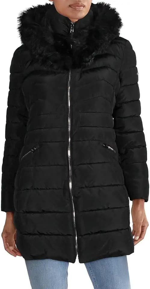 Laundry by Shelli Segal Women's Stretch Quilted Puffer Jacket – Long Winter Coat With Faux Fur Hood