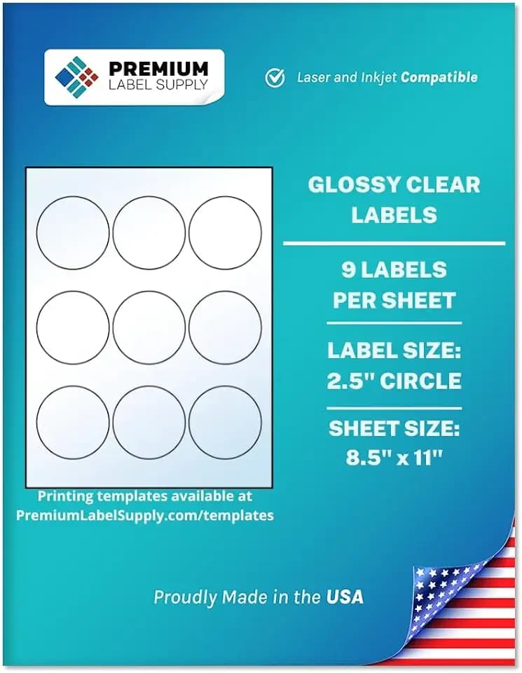 Premium Label Supply Glossy Clear Sticker Round Labels – 2.5" Circle – Laser/Inkjet Compatible – (9 per Sheet), 25 Sheets – 225 Total Adhesive Labels