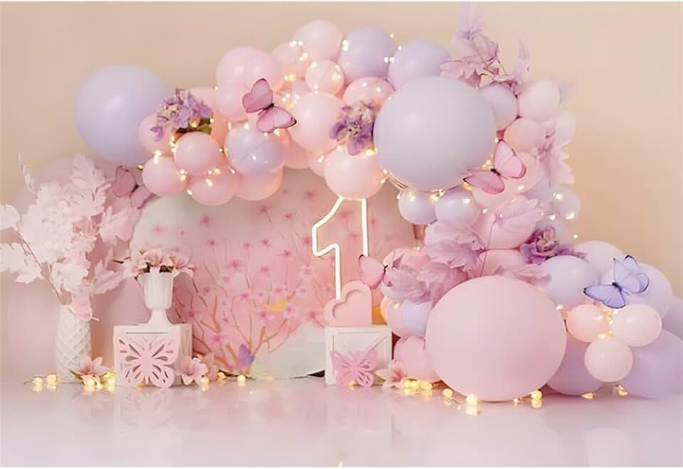 1. Geburtstag Hintergrund 180x120cm Rosa lila Ballon Funkelnde Fotografie Hintergrund dekorative Blumen Schmetterling Mädchen Geburtstag Fotografie Hintergrund Studio Foto Requisiten