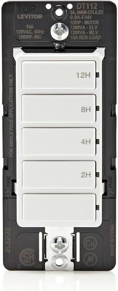 Leviton Countdown Timer Switch for household lights, heaters and exhaust fans, 2-4-8-12 hour, No Neutral Wire Required, Single Pole, 15A, 1/2 HP/9.8A Fan/Motor, DT112-1LW, White