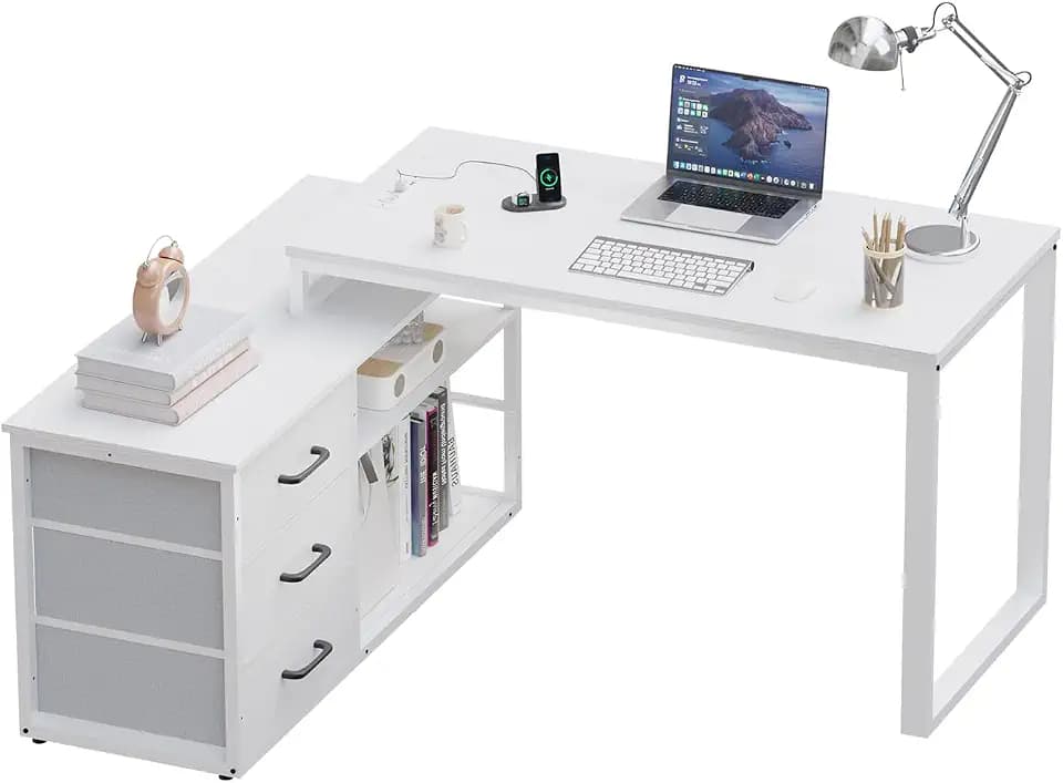 JUMMICO Eck-Schreibtisch mit 3 Schubladen, 140 x 105 cm, klappbarer L-förmiger Schreibtisch, ausgestattet mit Steckdose und USB-Ladeanschluss, Stauraum, geeignet für das Homeoffice,Weiß