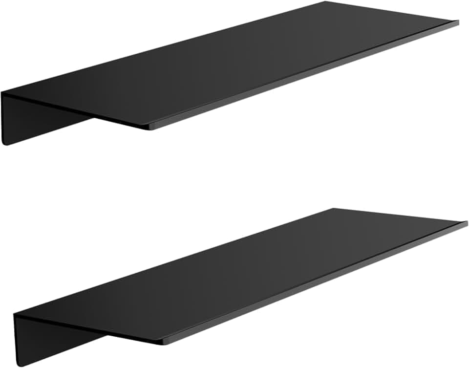 HNVNER Wandregal Ohne Bohren 2er-Set, Kleberegal Schwarz Metall, 40x12,5cm | Eloxiertes Aluminium, Rostfreier Duschregal, Dekorative Wände Ablage für Schlafzimmer, Wohnzimmer, Bad, Wand Regalbrett