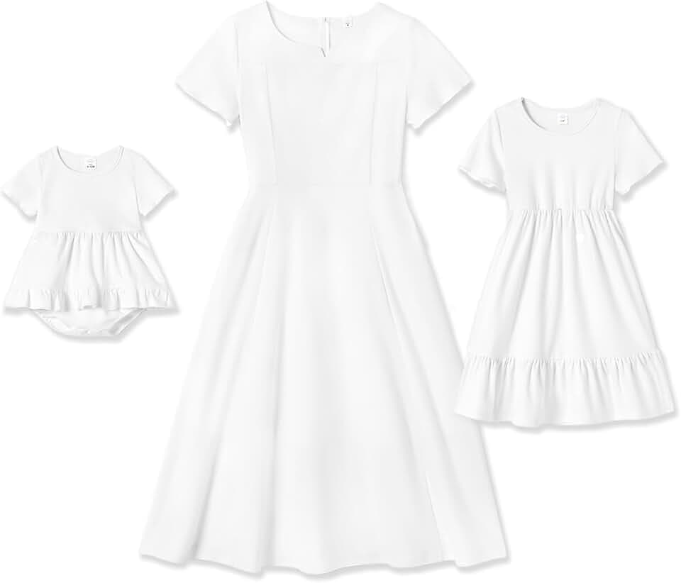 IFFEI Mutter Tochter Kleider Partnerlook Midikleid mit Flattersärmeln & Tupfen, Sommerliches Set für Mama & Mädchen Ideal für Familienfotos & Freizeit 3-6 Monate Weiß