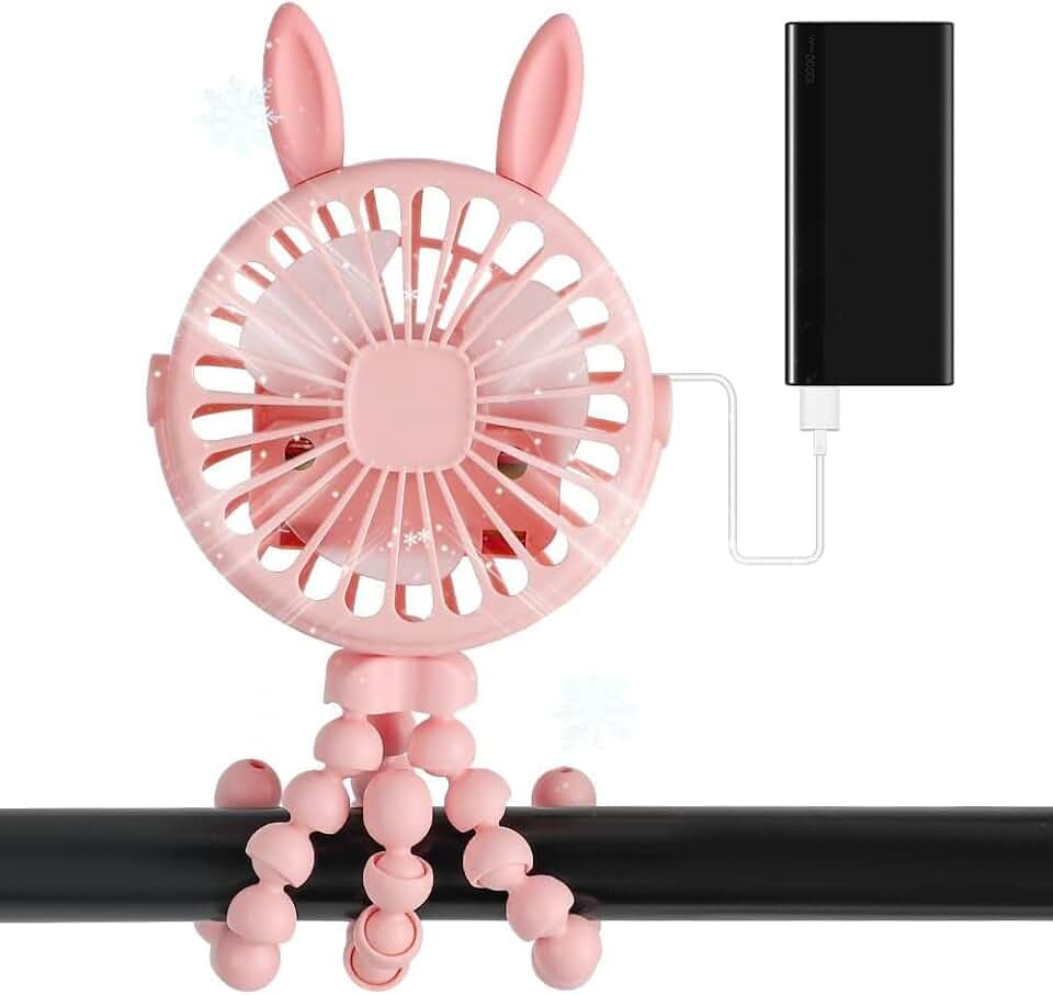 Gohytal Mini Ventilator, Kinderwagenlüfter mit Flexibler Stativ, 3 Geschwindigkeiten Tragbarer Ventilator Tischventilator Wiederaufladbare, für Autositz Fahrrad Camping (Rosa)