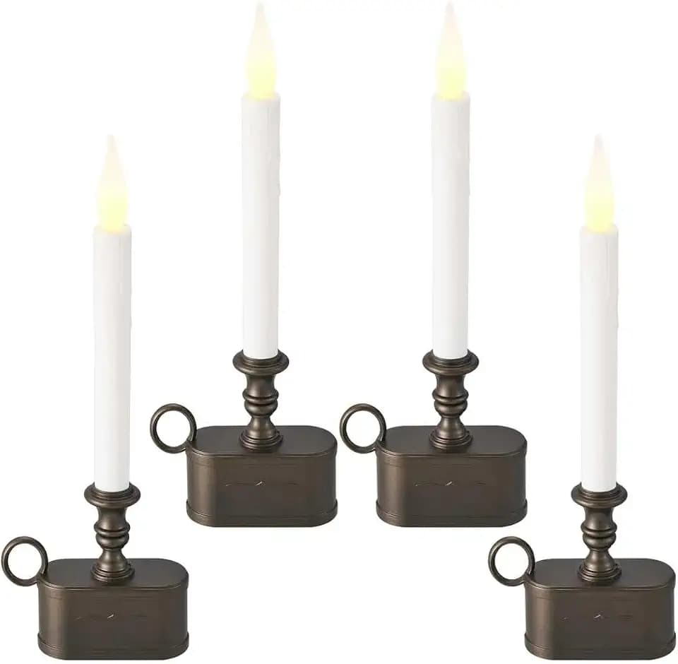 Flameless Window Candles with Timer, Set of 4 Flickering LED Battery Operated Taper Candles with Antique Bronze Chamberstick Holder Bases for Christmas Holiday Home Decor