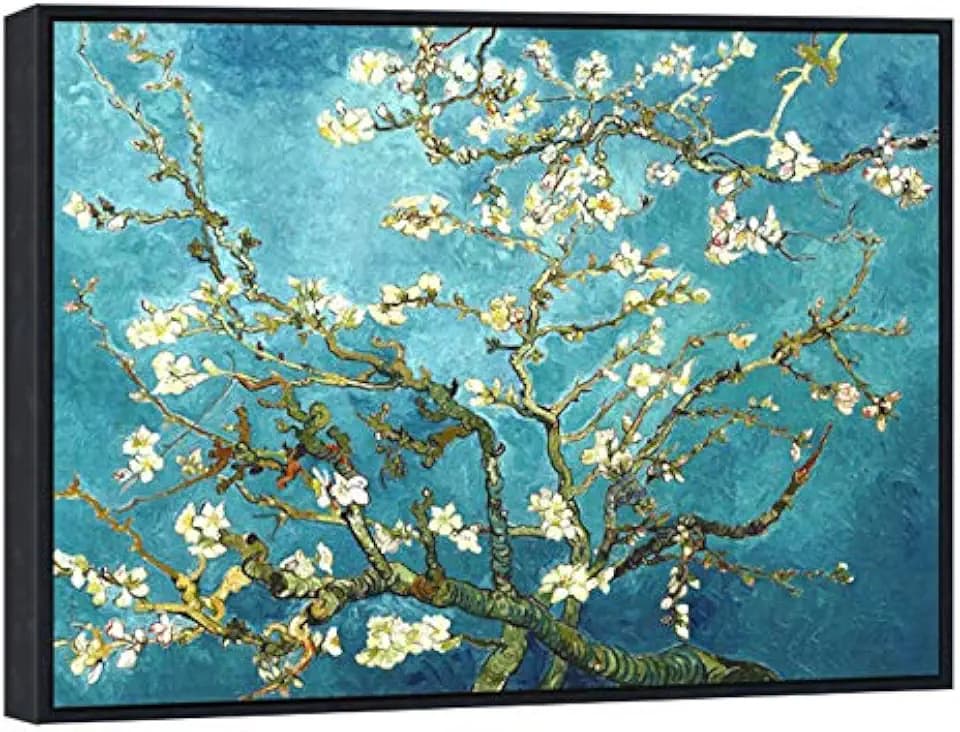 Wieco Art Framed Art Almond Blossom Floral Canvas Prints of Van Gogh Famous Oil Paintings Reproduction Flowers Pictures on Canvas Wall Art for Bedroom Home Decorations Black