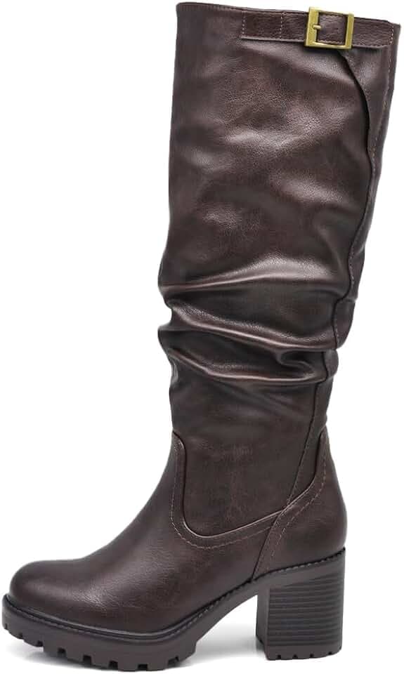 IF FASHION Damen gekräuselte Stiefel aus Kunstleder mit großem Absatz Plateau Fransen 6641