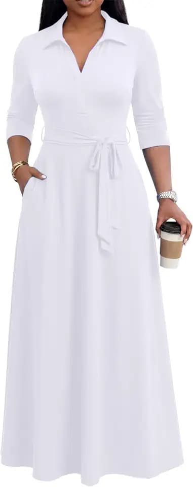 MarryUP Maxi Dresses for Women Casual V Neck 3/4 Sleeve Long Church Dress Semi Formal Outfits with Pockets