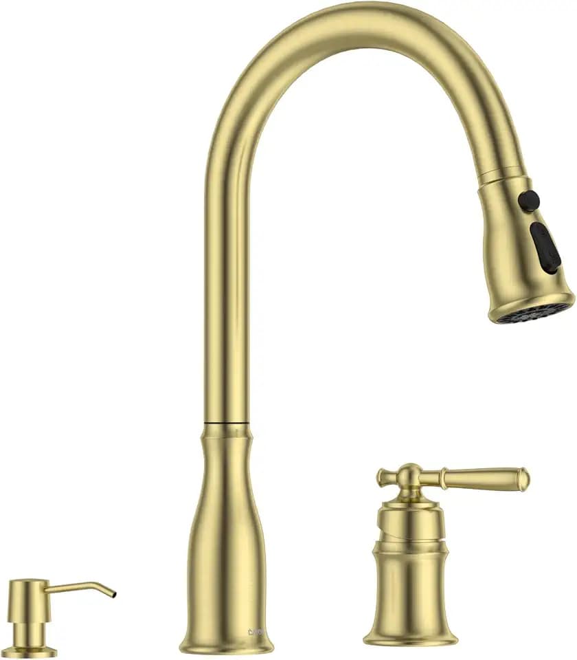 DAYONE Brushed Gold Kitchen Sink Faucet - Separate Handle 3 Holes，Gold Pull Down Faucet with Soap Dispenser，Sink Faucet for Kitchen, Single Handle High Arc