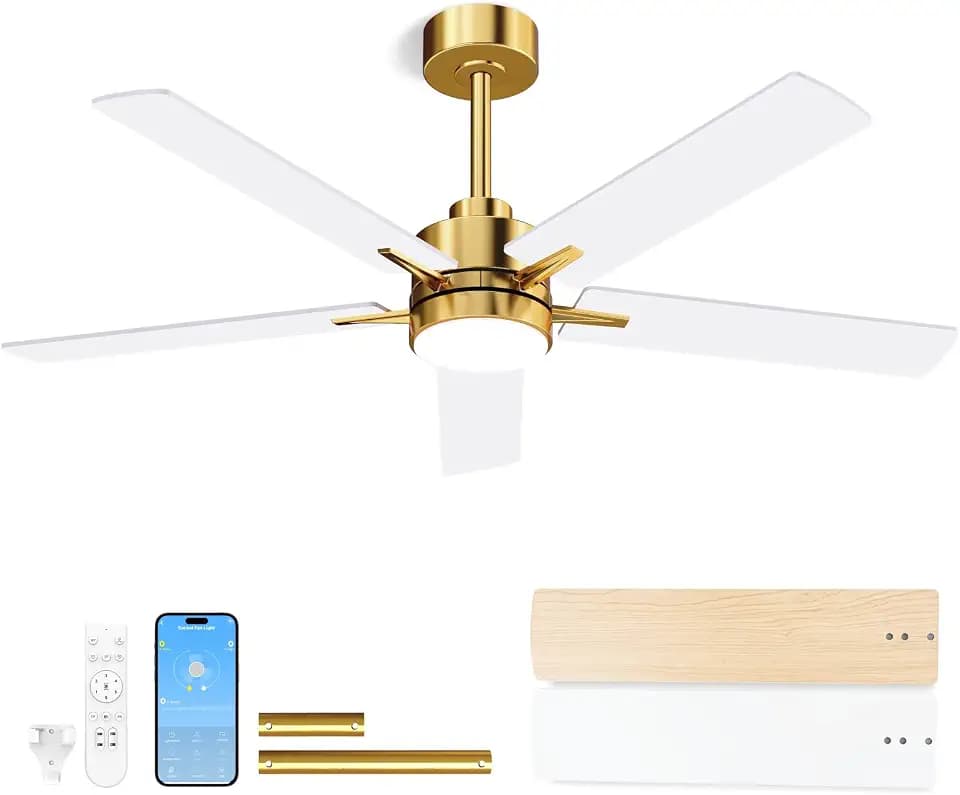 LANMEL Metal Ceiling Fan with Lights and Remote, 52 Inch, Gold & White