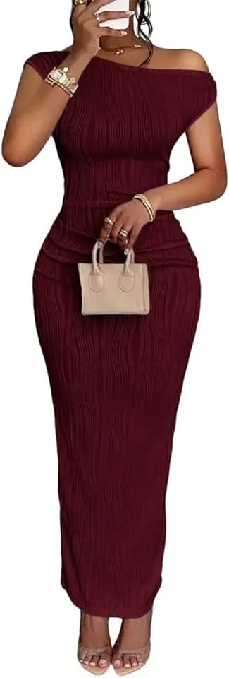 Yeshire Womens Crew Neck Off Shoulder Elegant Long Dress Short Sleeve Formal Party Club Maxi Dresses
