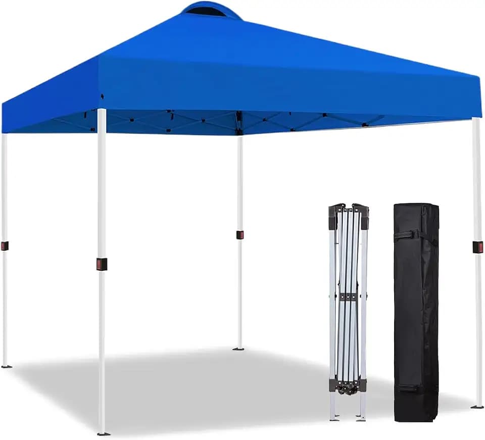 10x10 Pop Up Canopy Tent, Instant Folding Outdoor Shelter with High Strength Steel Frame and Handheld Carry Bag, Ground Stakes and Wind Ropes for Backyard Party, Camping, Beach Events, Blue