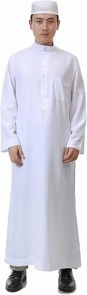 RUIXIA Mens Muslim Kleidung Arabische Robe Herren Kaftan Langarm Herren Lang Ärmel Dubai Thobe Ramadan Gebetskleidung für Männer Kaftan Abaya Islamische Langarm Jalabiya Kleid Weiß mit Taschen