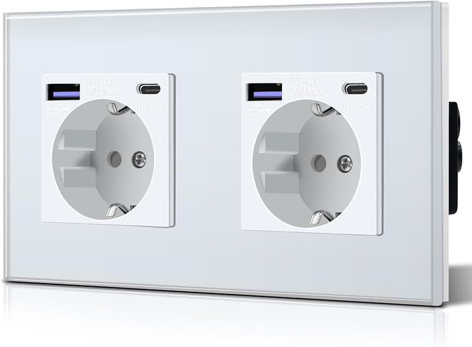 BSEED Steckdose aus Glas mit 20W USB C, Schnellladegerät Wandsteckdose, 3 in 1 Unterputz Steckdosen, Einfache Installation, 240V 16A, 157mm 2 Fach Weiß