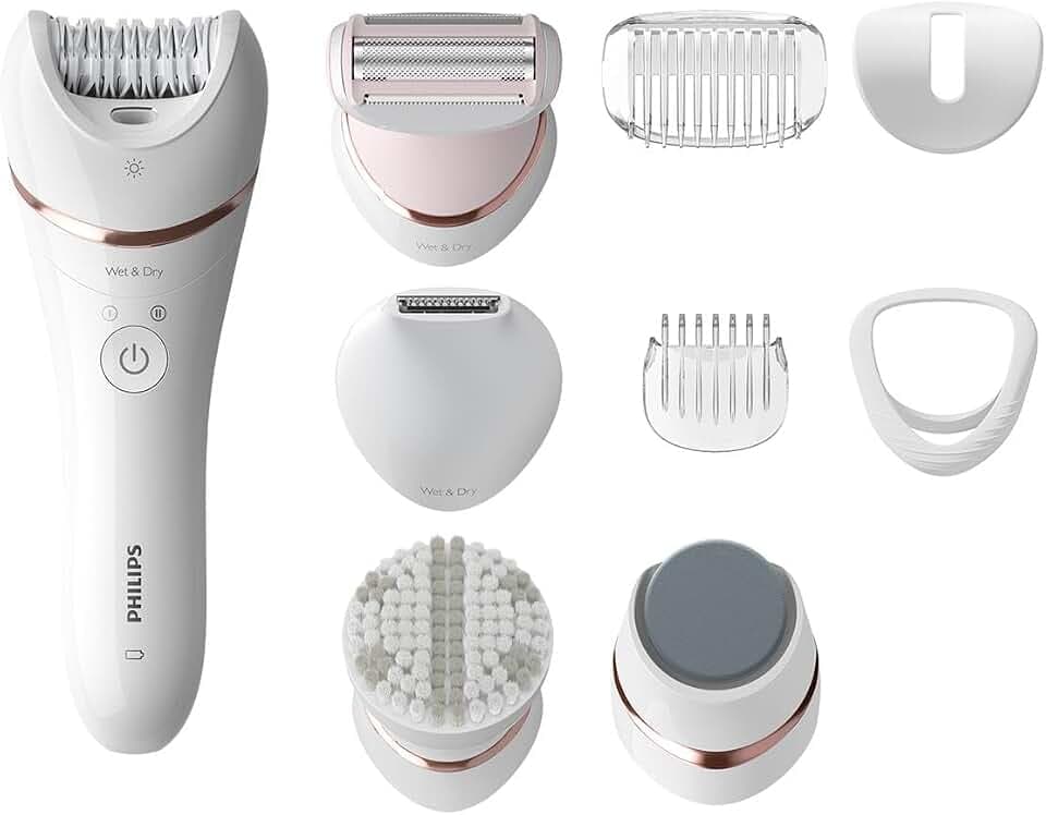 Philips Epilierer Serie 8000, schnurloser Nass- und Trocken-Epilierer für Beine und Körper, mit 9 Zubehörteilen, Rasierer, Trimmer, Pediküre und Körperpeeling, Modell BRE740/11