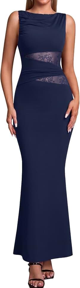 EYNMIN Women's Lace Bodycon Maxi Long Formal Wedding Guest Prom Dresses
