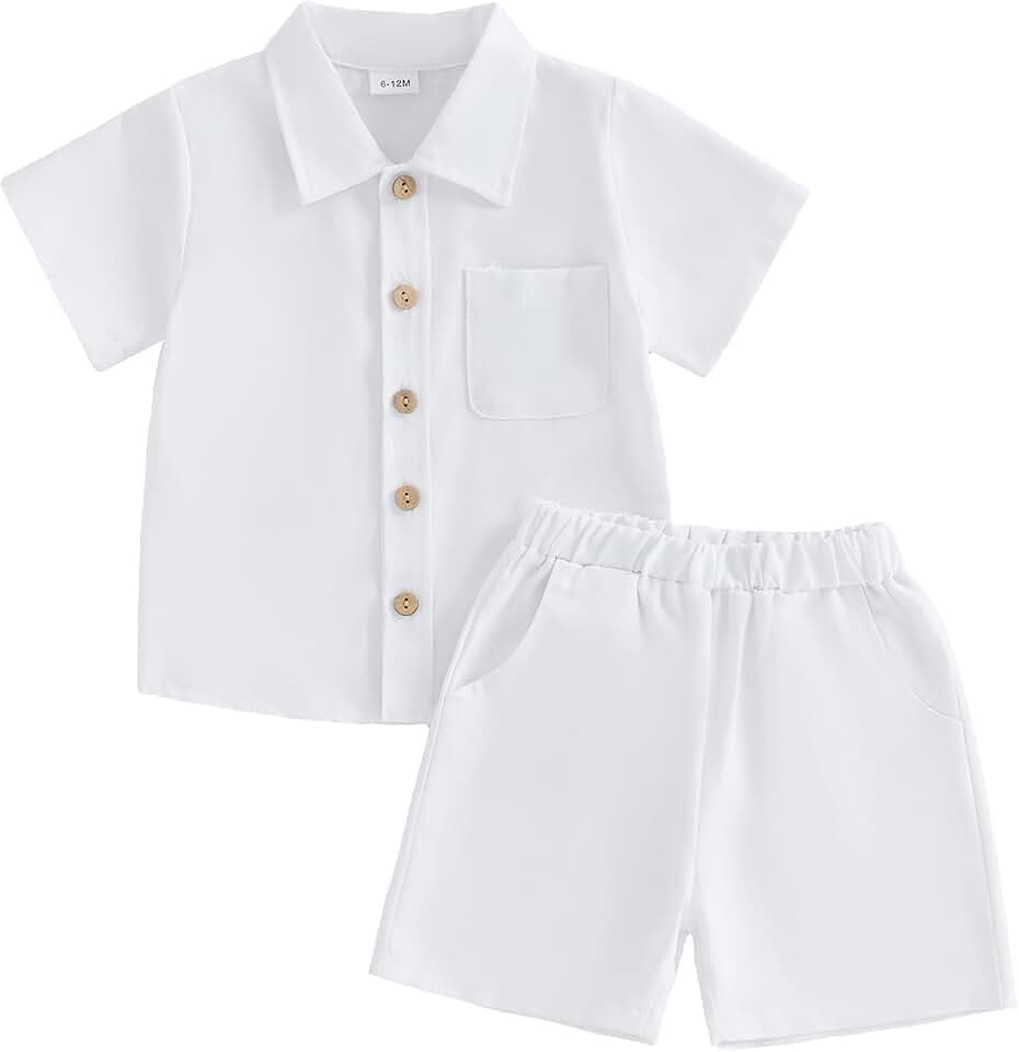 Baby Boys Summer Outfit Cotton Button Down Shirt and Shorts Set Toddler Infant Clothes for Beach Baptism Birthday