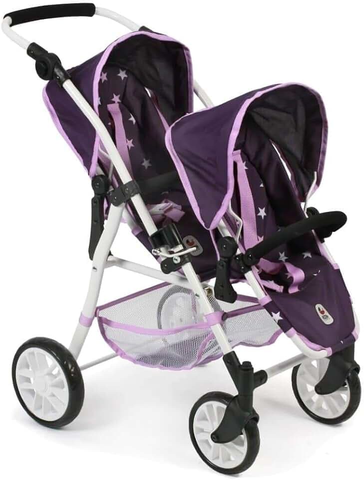 Tandembuggy Twinny, Zwillingsbuggy für Zwei Puppen, Puppenwagen für Kinder von 4 bis 8 Jahren, Stars Lila