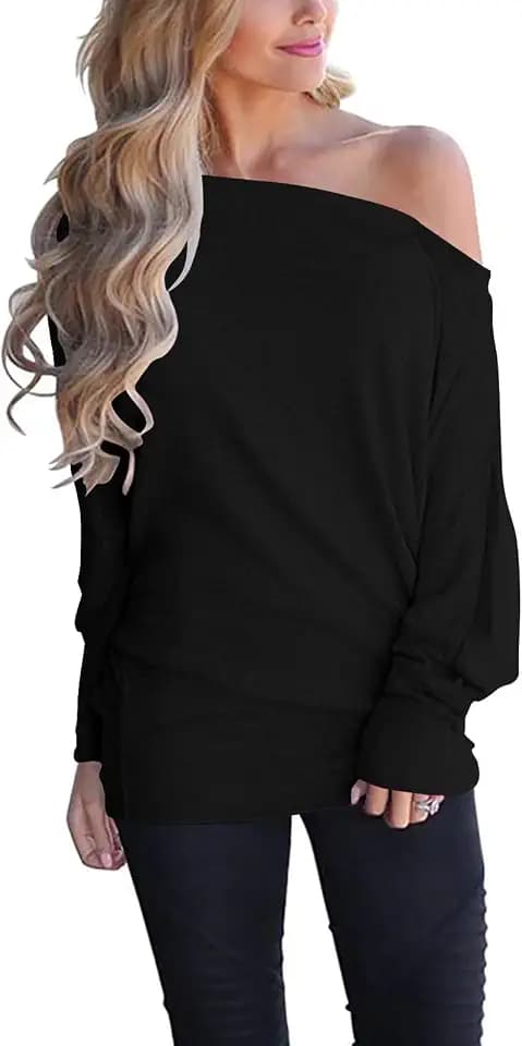 Langarmshirt Damen Off Shoulder Oberteil Lockere Fledermaus Shirt