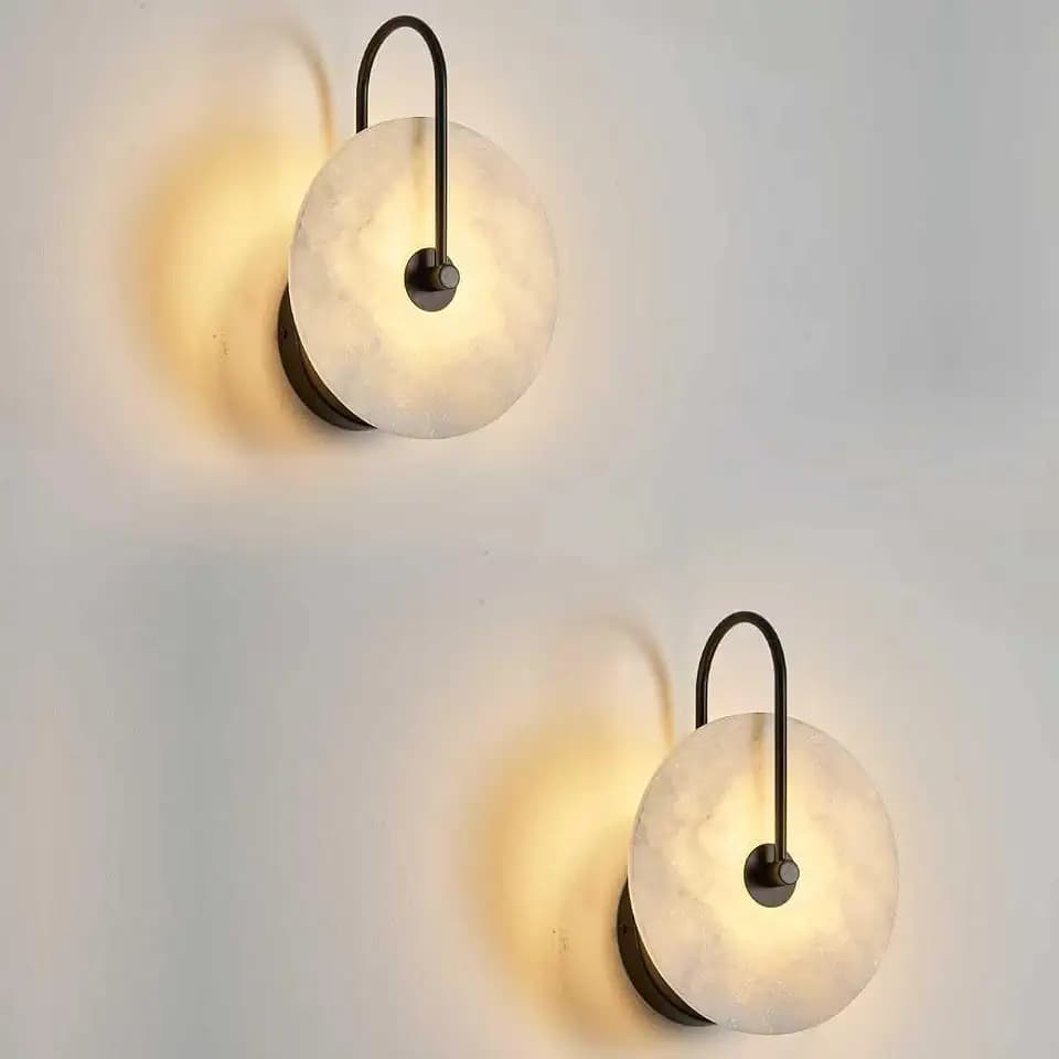 Round Alabaster Wall Sconce Set of Two, Natural Marble Lampshade Wall Sconce, Hardwired Circular Sconce LED Modern Wall Lamp for Bedroom, Stairs, Living Room, Bedside, Hallway 9.84 Inch Black