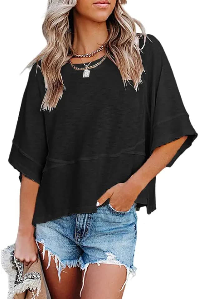 Sovelen Women's Summer Casual T-Shirts Loose Fit Crewneck 3/4 Sleeve Tops